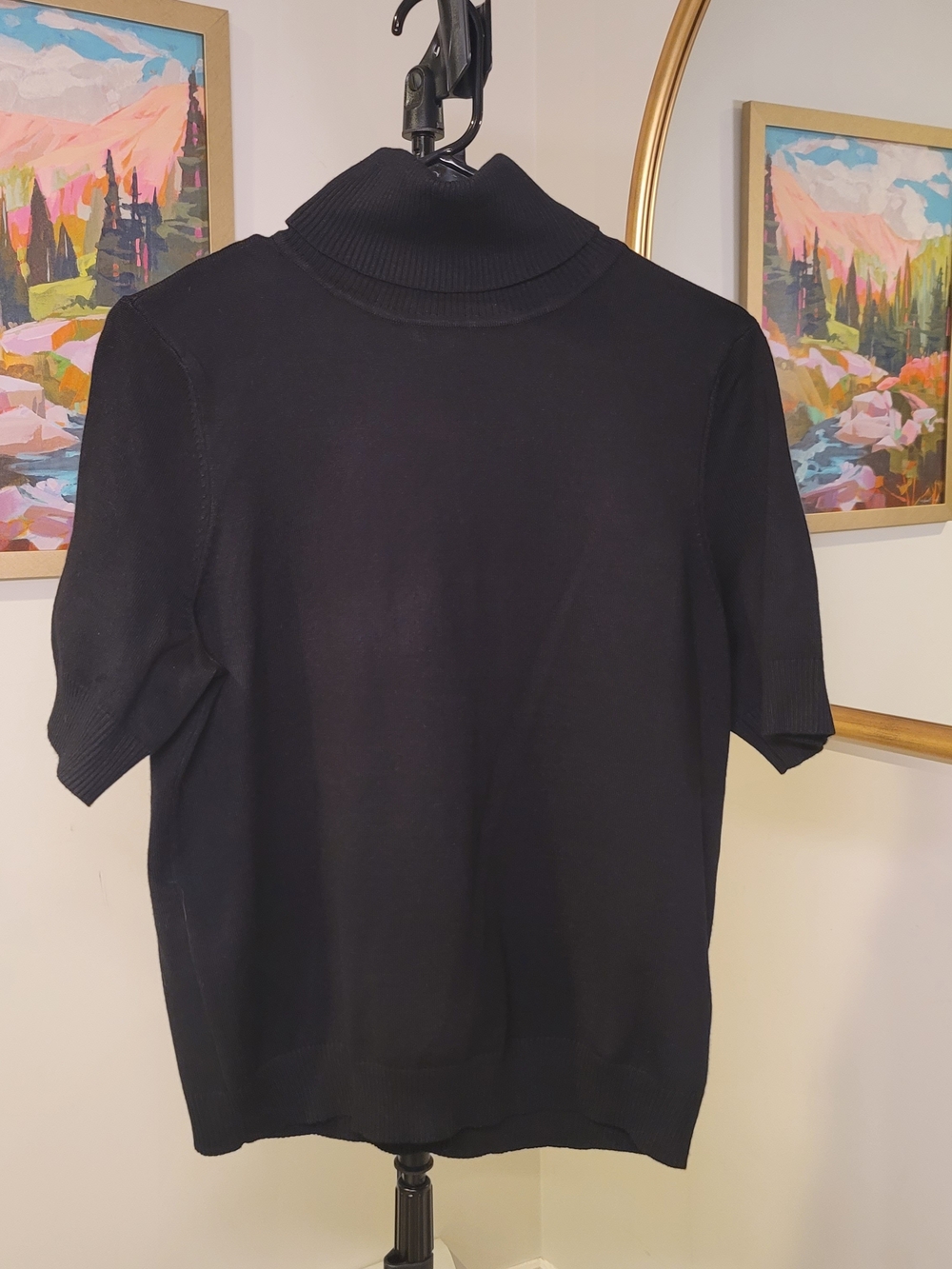 NWT NINETY CLOTHING CO  Turtle Neck Short Sleeve Knit Top Black Women's Size L